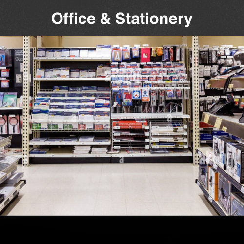Shelves stocked with office supplies in a store labeled 'Office & Stationery'.