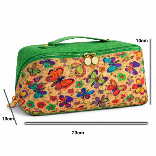 MARY sustainable toiletry bag showing dimensions — FSC cork natural