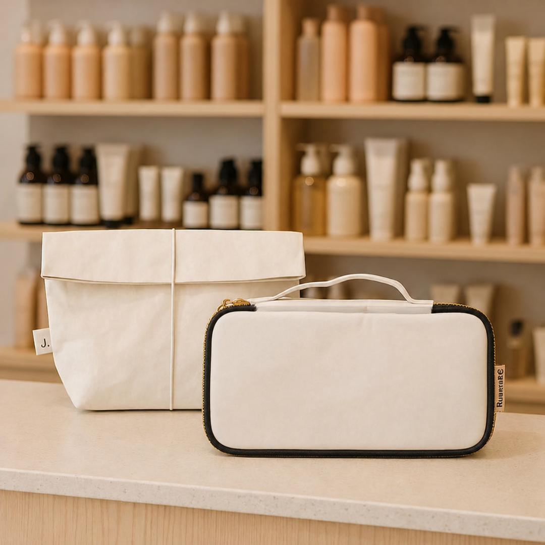 MERRY travel toiletry bag and ELSA cosmetic bag washable paper on women's toiletries store counter