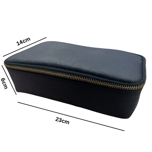 Black and blue rectangular pouch with gold zipper, shown with measurements on a white background.