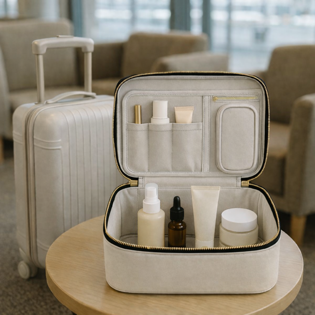 James&Co offwhite w black zipper travel makeup case MERRY with skincare products on a wooden table,