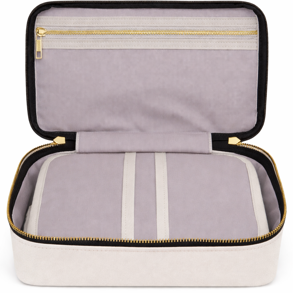 James&Co MERRY toiletries bag offwhite w black zipper open showing interior