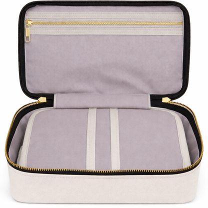 James&Co MERRY toiletries bag offwhite w black zipper open showing interior