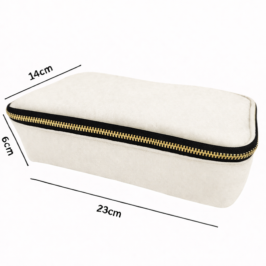 MERRY sustainable cosmetic bag showing dimensions — washable paper medium off-white