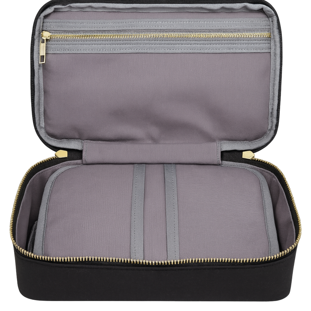 Open travel case with gray interior and black exterior on a white background