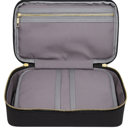 Open travel case with gray interior and black exterior on a white background