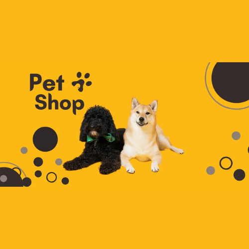 Two dogs sitting together on a yellow background with 'Pet Shop' text and logo.