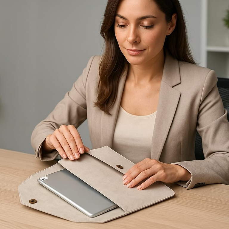woman at desk with James&Co EVA laptop sleeve openb showing laptop