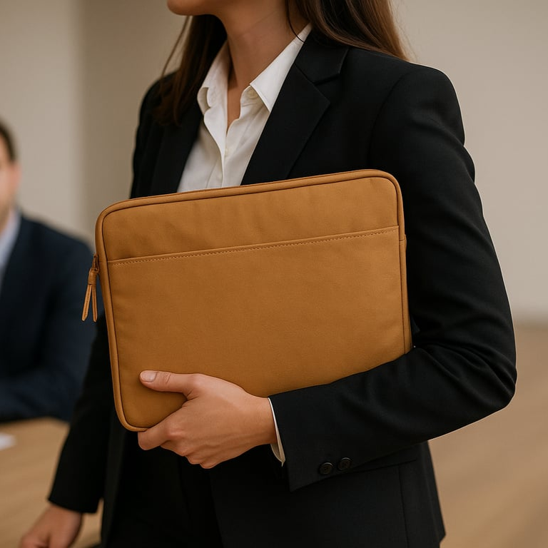 woman holding James&Co laptop sleeve in tan washable paper leather-look with another person in background