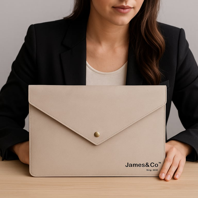 Professional woman holding up James&Co laptop sleeve in washable paper EVA