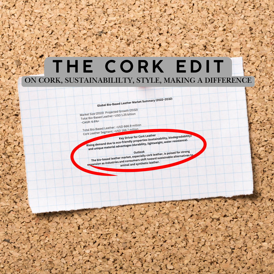 A corkboard background with a printed paper note centered on it. The note has a gray header reading “THE CORK EDIT” and a body of text about cork sustainability and style, with a red circle highlighting a paragraph.