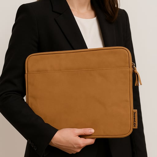 woman holding James&Co  laptop sleeve in tan leather-look suede washable paper